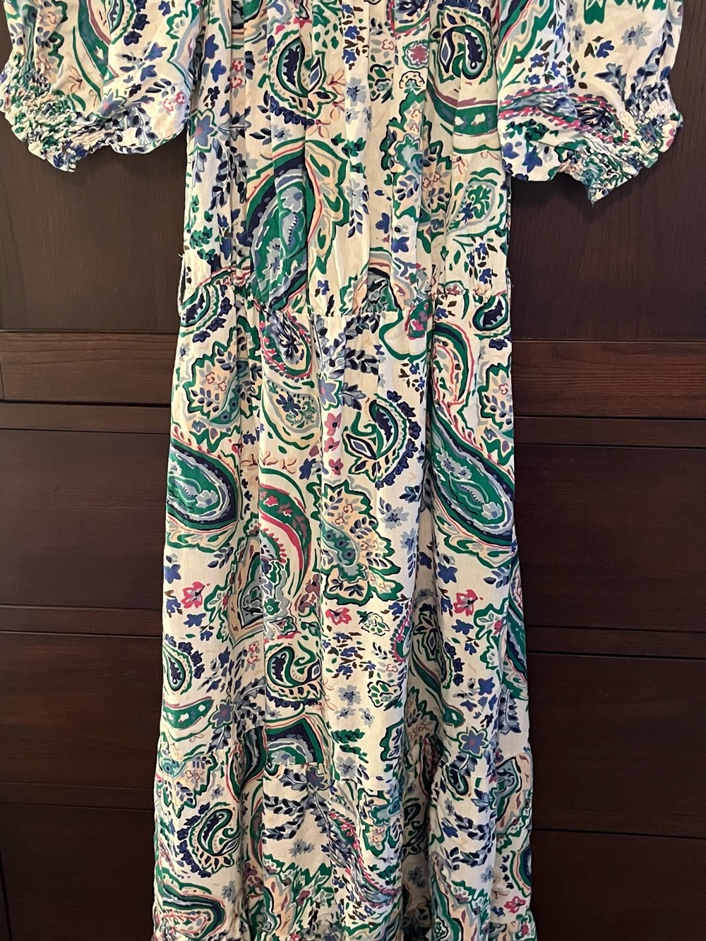 Addax Maxi Dress Puff Sleeves Green, Blue Pink Paisley Ruffle Flowing Ethereal